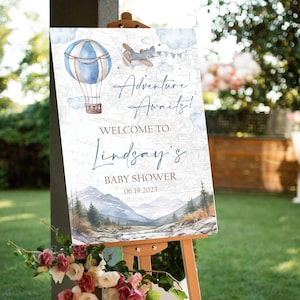 Editable Adventure Awaits Hot Air Balloon Baby Welcome Sign Blue Tan Mountain Hiking Nature Lover Airplane Travel Boy Shower Template 0109