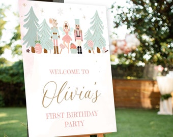 Nutcracker Birthday Welcome Poster Sugar Plum fairy Girl 1st Birthday Editable Christmas Birthday Door Sign Centerpiece Printable 0068