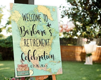 Welcome sign Retirement Travel theme Printable sign Around the World Travel Adventure Theme Airplane Adventure Awaits Retirement Poster BRT1