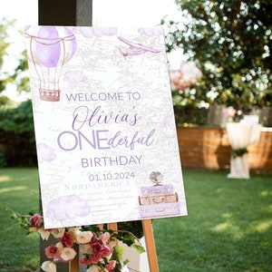 Segno di benvenuto primo compleanno Segno stampabile, 1o compleanno Poster viaggio a tema Onederful Birthday Poster della festa di compleanno del ragazzo Avventura 0017