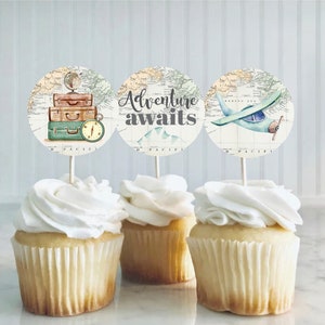 Baby Shower Cupcake Toppers Travel themed gender reveal Favor Tags Adventure Awaits Birthday First Birthday themed PRINTABLE GR1 0011