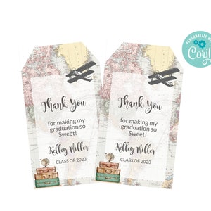 Bearbeitbare Graduation Gastgeschenk Tags Reisethema Grad Party Adventure Awaits Grad Party Geschenkanhänger Personalisierte Geschenkanhänger Ruhestand Karte Tags 0011