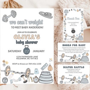 Op de afbeelding: Een baby shower uitnodiging met een sportschool thema. De uitnodiging zegt "We can't weight to meet baby Anderson!" en bevat een halter, gewichtsplaten en een stopwatch. De baby shower is op zaterdag 22 januari in Fairwood Lane 1234, Kelowna, BC VIV 0E3. RSVP naar Kinara op 789.456.1230.