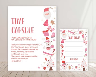 Puede incluir: Una cápsula del tiempo imprimible para el primer cumpleaños de un niño. El imprimible presenta un esquema de color rosa y blanco con un tema invernal. El texto dice "Cápsula del tiempo para abrir en 2042 en el cumpleaños número 18 de Olivia".
