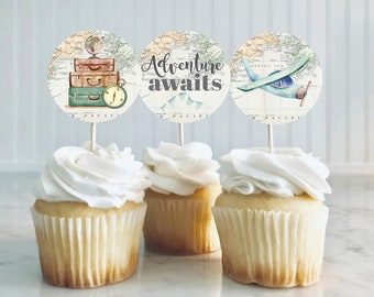 Baby Shower Cupcake Toppers Voyage sur le thème du sexe révèlent les étiquettes de faveur L'aventure attend le premier anniversaire sur le thème IMPRIMABLE GR1 0011