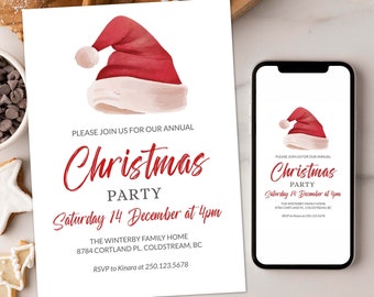 May include: A white invitation with a red and white Santa hat illustration. The invitation reads "Please join us for our annual Christmas Party, Saturday 14 December at 4pm, The Winterby Family Home, 8784 Cortland Pl. Coldstream, BC, RSVP to Kinara at 250.123.5678."
