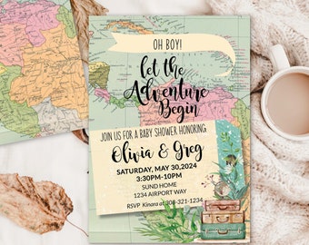 Adventure Awaits Baby Shower, Travel themed baby sprinkle Airplane Around the world Editable Invitation template printable SA1