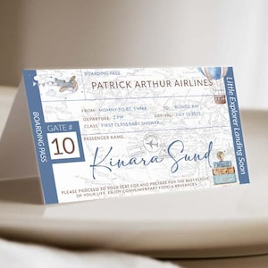 Bordkarte Gedeck Karte Blau Beige Tan Abenteuer erwartet Baby Shower Travel unter dem Motto Flugzeug Heißluftballon Party Tischkarten 0017