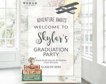 Welcome sign Graduation Travel theme Printable sign Adventure Awaits Grad Party, Graduation 2023 party decorations World Map Poster 0011