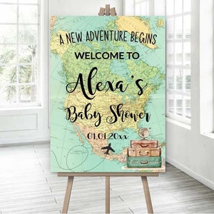 Welcome sign Baby Shower Travel theme Printable sign Around the World Baby shower, Adventure Awaits Baby shower Poster, map baby sign BRT1