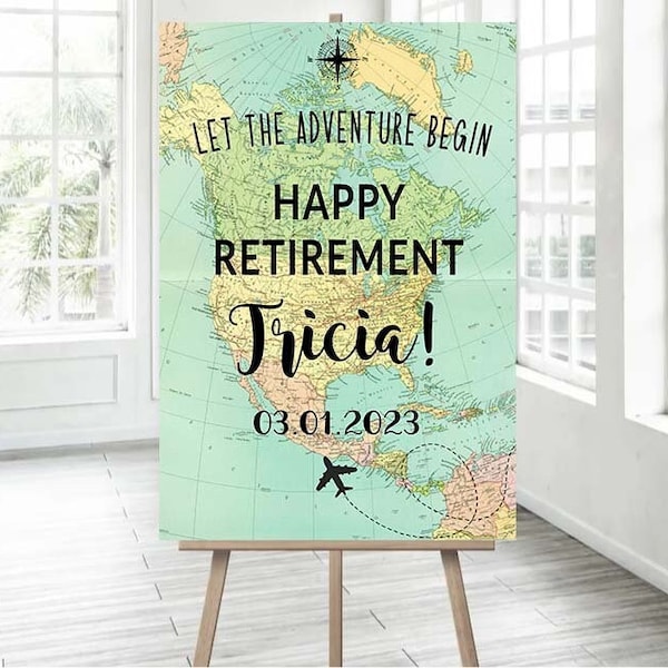 Welcome sign Retirement Travel theme Printable sign Around the World Travel Adventure Theme Airplane Adventure Awaits Retirement Poster BRT1