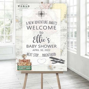 Signo de bienvenida baby shower Tema de viaje baby shower Signo imprimible Alrededor del mundo Viaje fiesta cartel imprimible Aventura espera cartel 0011