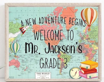 Welcome to Classroom Door Sign World map Adventure Themed Classroom Door Hanger travel theme classroom sign Personalize Grade Custom sign