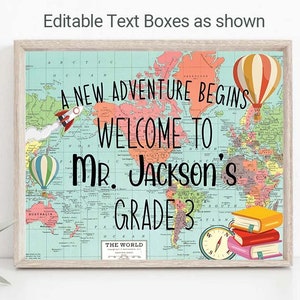 Welcome to Classroom Door Sign World map Adventure Themed Classroom Door Hanger travel theme classroom sign Personalize Grade Custom sign