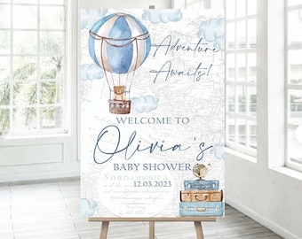 Editable Hot Air Balloon Baby Shower Welcome Sign Teddy Bear Shower Up Up Away Adventure Awaits Vintage Travel Theme Blue Boy Shower 0017
