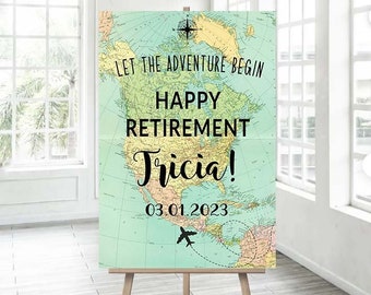 Welcome sign Retirement Travel theme Printable sign Around the World Travel Adventure Theme Airplane Adventure Awaits Retirement Poster BRT1