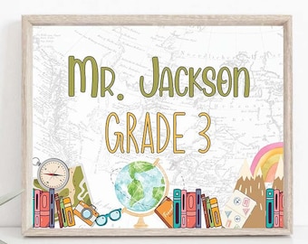 Printable Classroom Teacher Name sign World map Adventure Classroom Door Hange travel themed School Decor Teacher Customizable Editable