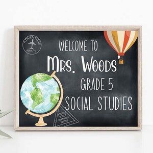 Editable Teacher Classroom Door Hanger Sign Global Classroom Decor Personalized Sign Earth Classroom Social Studies custom Name Printable