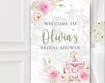 Adventure Awaits Bridal Shower Travel themed Welcome Sign Traveling to Mrs Love is a Journey Entry Poster Centerpiece Blush Floral  0086