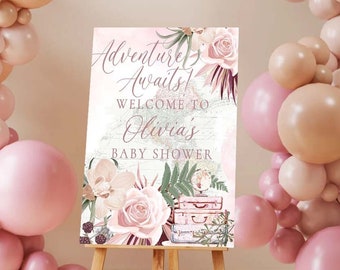 Travel Theme Baby Shower Welcome sign blush Baby shower, mauve Adventure awaits baby shower,  map Baby shower Entrance Sign baby shower MOV1