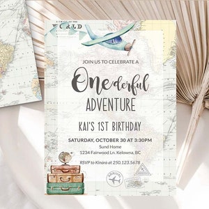 First Birthday Invitation, Onederful Birthday Printable invite, 1st Birthday World Travel Adventure Theme Onederful, Airplane birthday GR1