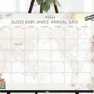 Tema de viagem Calendário de data de vencimento do bebê Jogo de chá de bebê Adivinhe o aniversário do bebê Editável Previsão da data de vencimento Jogo Data de chegada CORJL 0011