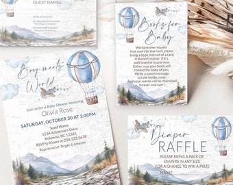 Inbjudningsset för babyshower med luftballong och blått och beige, brunt och bergsvandringstema, inbjudan till flygplan, resa, karta, pojke, babyshower 0109