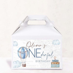 Printable Gable Label Onederful Travel theme 1st birthday First birthday Adventure Editable Gift box tag Hot air balloon Boy birthday 0017