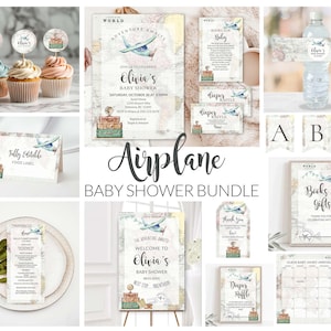Bundle modifiable pour baby shower, Baby Landing Soon inviter, l'aventure vous attend, thème de voyage carte vintage Baby Shower Bundle GR1
