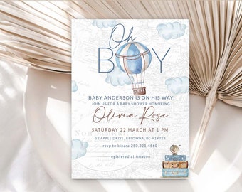 Oh boy Babyshower-inbjudan med luftballong, blå, beige, äventyr väntar, babyshower-tema, resetema, brun, neutral, 0017