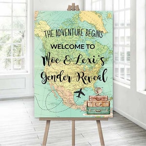 Plaque de bienvenue Gender Reveal Travel theme Plaque imprimable L'aventure attend une baby shower autour du monde en avion et carte vintage BRT1