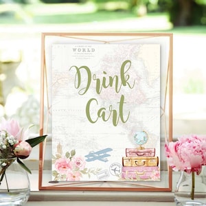 Reise Thema Brautdusche Tisch Schilder Blush Pink Abenteuer erwartet Baby Shower Thema Flugzeug Baby Shower Printable Getränke Getränke 0062