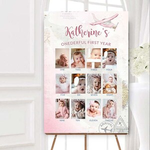 Onederful Milestone 1er anniversaire de fille signe imprimable première année photo affiche voyage fête décor rose aventure vous attend avion thème GR2