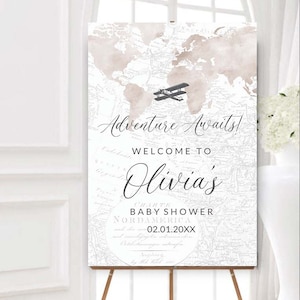 Welkomstbord aquarel kaart babyshower Reisthema babyshower Afdrukbare Around the World party afdrukbare poster Adventure wacht op 0102