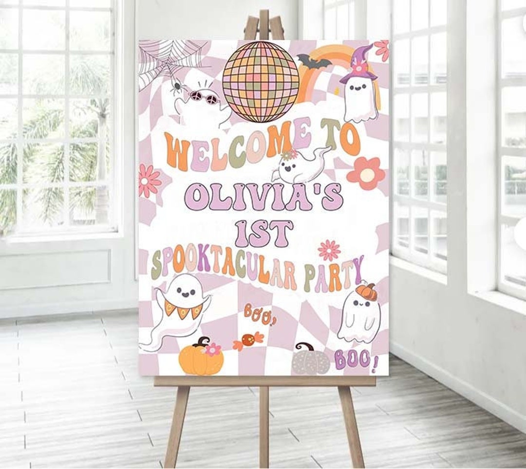 Editable One Spooky Ghoul Halloween Birthday Welcome Retro Groovy Ghost ...
