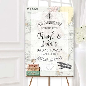 Editable Airplane Couples Baby Shower Welcome Sign World Poster Adventure Awaits Travel Theme Neutral Map Printable Corjl Template 0011