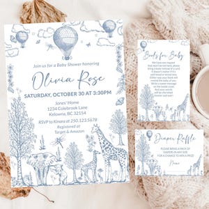 Toile de jouy blauwe babyshower uitnodiging Safari Bonjour Bebe babyshower uitnodiging Franse markt jongen babyshower minimalistisch bewerkbare 2100