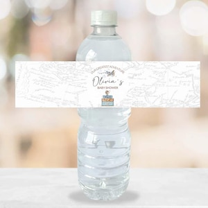 Etiquetas para botellas de agua imprimibles Tema de viaje Baby Shower Adventure Awaits Etiqueta para botella personalizada Avión Boy Shower Mapa de aviación 0018