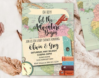 Adventure Awaits Baby Shower Invitation Airplane baby sprinkle Travel theme Gender Reveal party Around the World Editable Printable SA1