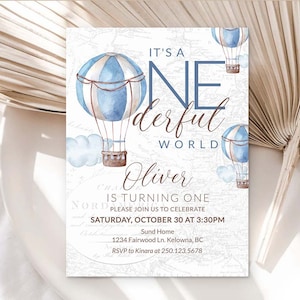 What a Onederful World Birthday invitation Printable invite 1st Birthday invite Adventure Theme Hot Air Balloon birthday Mr Onederful 0017