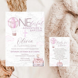 Baptism First Birthday Invitation Onederful Birthday Printable invite 1st Birthday Adventure Theme Onederful Hot Air Balloon birthday 0049