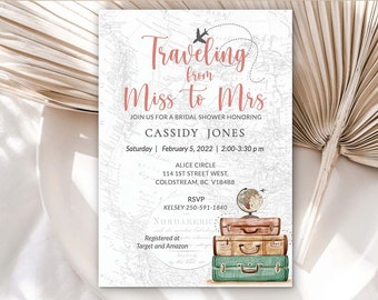 Adventure awaits Bridal shower Invitation Travel theme Destination Wedding Shower Traveling from Miss to Mrs Editable Printable Digital PLN1