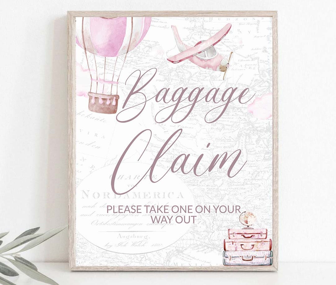 Printable Baggage Claim Sign Pink Hot Air Balloon Baby Shower Travel ...