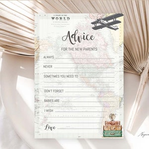 Consejos y Deseos tema de viaje baby shower Aventura Espera Consejos de baby shower Avión imprimible instantáneo Baby Shower Mapa vintage 0011
