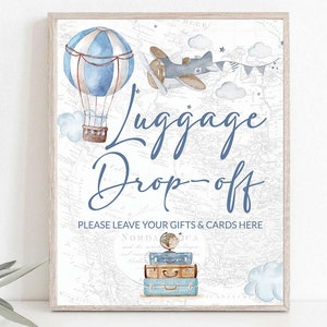 Gepäck Drop off Zeichen Geschenke & Buch druckbare Poster Reise Themen Babyparty Heißluftballon Junge Baby Dusche Blau Abenteuer erwartet 0017a