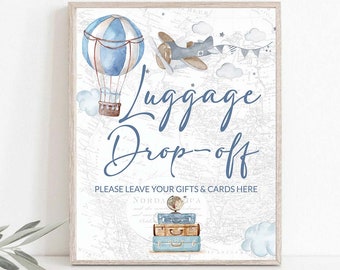 Luggage Drop off sign Gifts & Book printable poster Travel themed baby shower Hot Air Balloon Boy Baby Shower Blue Adventure Awaits 0017a