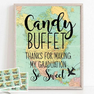 Candy Buffet Labels, Candy Tischschild, Abschlussfeier Schilder Grad Dessert und Candy Grad 2022 2023 Adventure Awaits Travel Thema BRT1