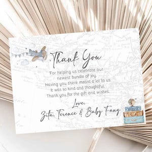 Bewerkbare reizen Bedankkaart babyshower bedankbriefje avontuur wacht op verjaardag vintage vliegtuig eerste verjaardag kaart Corjl sjabloon 0018
