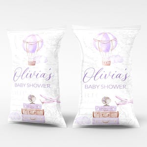 Editable Travel Chip Bags Purple Hot Air Balloon Baby Shower Chip Bag Lavender Airplane Adventure Awaits Baby Shower Chip Bag Label 0103