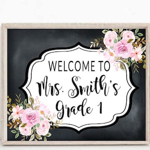 Enseigne de porte de salle de classe enseignant, enseigne de professeur personnalisée décoration florale de salle de classe, enseignant d'accroche-porte fleurs, plaque signalétique imprimable personnalisée TEA01